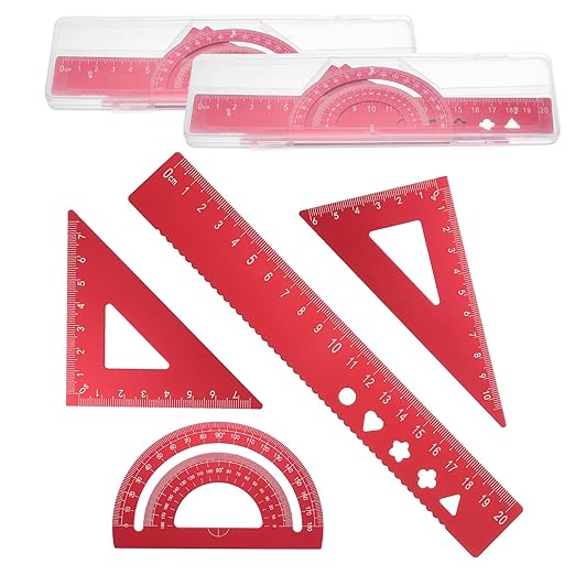 PATIKIL 8Pcs Geometry Drafting Tool, Aluminum Alloy Geometry Kit Math Tool Includes 20cm Ruler Protractor Triangles for Drafting Angle Measure Simple Science Experiment, Red