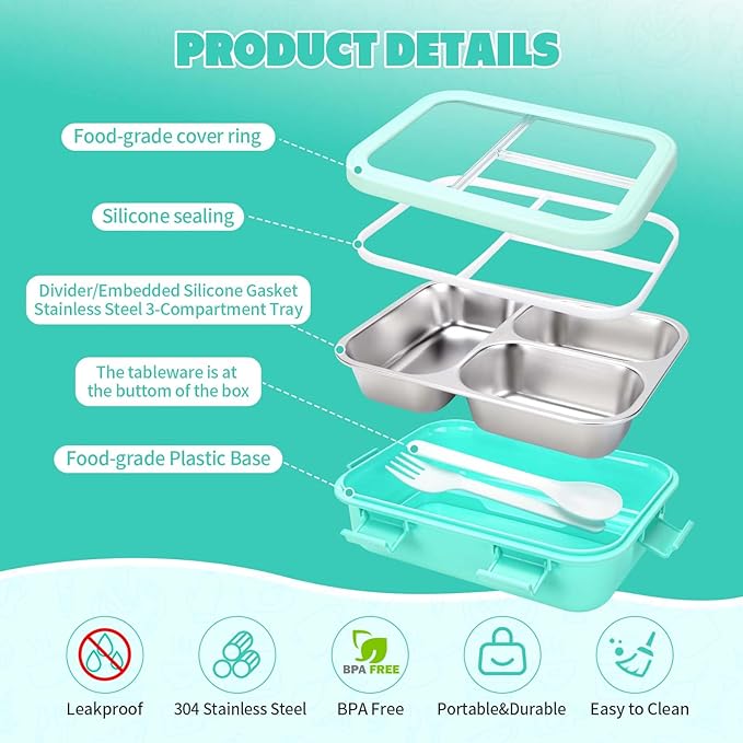 Kids Stainless Steel Bento Box, 3 Compartments Leakproof Lunch Box, Portable Food Storage Containers with Silicone Lids BPA-Free for Office, Picnics, Travel, Blue