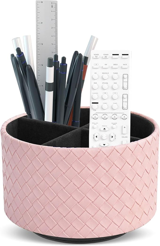 Round Leather Art Supply Organizer,Remote Control Holder,360 Degree Spinning,Multi-Functional Pencil Holder,4 Compartments Desktop Stationary Organizer(1-Weave Pink)