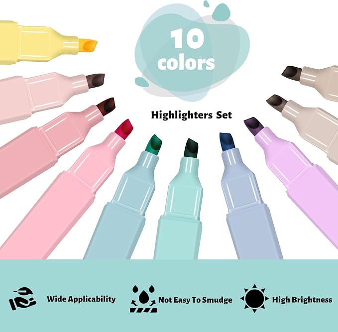 Piochoo Highlighters, Aesthetic Cute Pastel Highlighters Set, 10 pcs, Chisel Tip, No Bleed Bible Highlighter Assorted Colors, Back to School Supplies