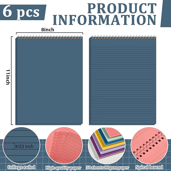gisgfim 6 Pcs Pastel Rainbow Top Bound Spiral Notebooks 8-1/2" x 11" College Ruled Aesthetic Legal Pad Steno Pads Paper Notebook Wirebound Notepad for Writing School Office Business Supplies