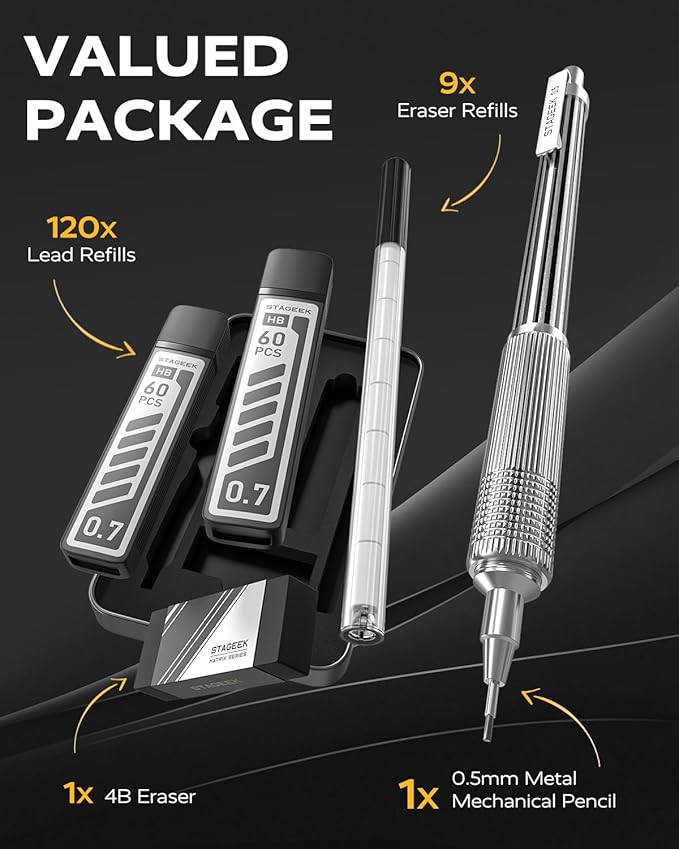 STAGEEK 0.5mm Mechanical Pencil with Metal Gift Case, 1PCs Metal Mechanical Pencil with 120PCS HB Lead Refills,4B Erasers and 9PCS Eraser Refills, for Writing Drafting Drawing and Sketching(Silver)