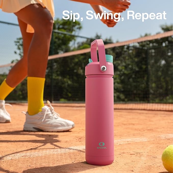 ENCOOL Insulated Water Bottle with Straw Stainless Steel Water Bottle, Leak-Proof, BPA-Free, Double Wall Vacuum Keeps Cold for 24 Hours for Sports, Travel, School (18 oz, Tulip)
