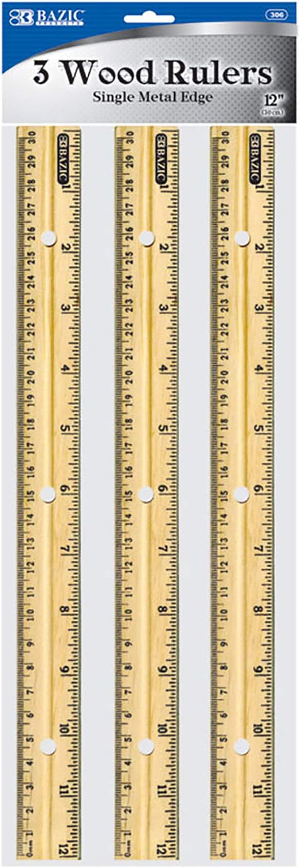 BAZIC Products Wooden Ruler – Single Metal Edge Drafting Ruler for Measuring, Drawing & Crafting, Wooden Straight Edge Ruler for School & Office, 12 Inch, 3/Pack, 24-Packs