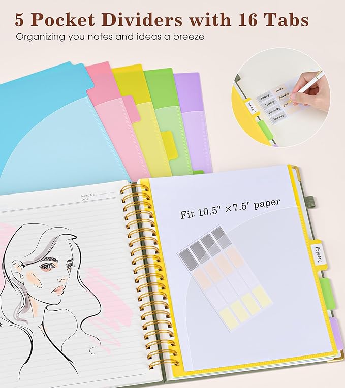 Hardcover Large Spiral Notebook 8.5" x 11" with Removable Dividers Tabs, 300 pages Leather 5 Subject Notebook College Ruled, A4 Journal for Women Men, Notebooks for Work School Note taking, Green