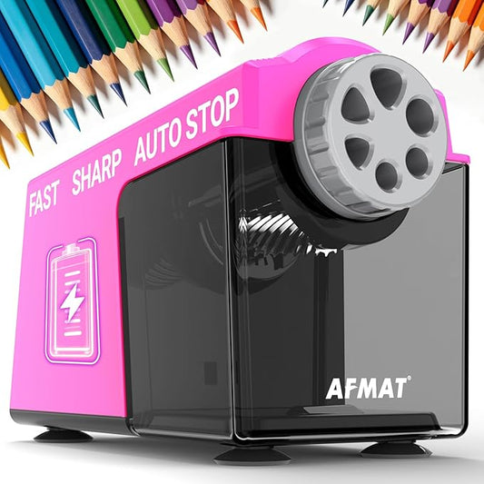 AFMAT Electric Pencil Sharpener for Classroom, 6 Holes, Cordless & Rechargeable, Super Fast, Auto Stop, 10K+ Uses, Heavy Duty Pencil Sharpener for 6-11mm No.2/Large/Colored Pencils PSD4(Pink)