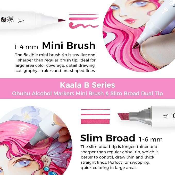Ohuhu Alcohol Markers: Mini Brush & Slim Broad 60 Illustration Colors Dual Tip Brush Tip Alcohol-based Art Marker for Artists Adults Coloring Illustration- Refillable - Kaala B Series of Ohuhu Markers