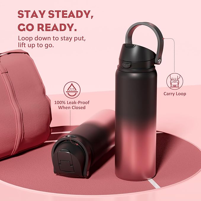 POWCAN 32 oz Stainless Steel Water Bottle: 2-in-1 Push-Button Spout & Quick-Flip Straw Lid, Leakproof, Keep Cold 24Hrs, BPA-Free, Insulated Water Bottle for Sports, School, Travel, Gym, Gift (Queen)