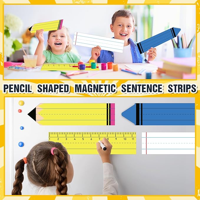 FYSUIMU 12Pcs Back to School Magnetic Dry Erase Sentence Strips Pencil Crayon Ruler Notebook Style Reusable Magnetic Border Strip for Teacher Whiteboard Classroom Office Supplies