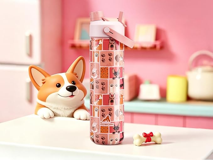 POWCAN 26 oz Insulated Water Bottle with 2-in-1 Straw and Spout Lid, Keep Cold 24H, Leak-Proof, Fits in Car Cup Holder, Stainless Steel Water Bottle for Dog Lovers, Puppy Theme, Gift (Pawfect Day)