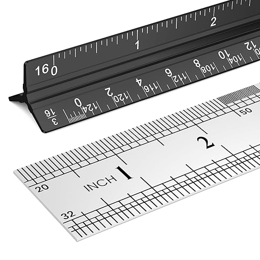 2 Pcs Architectural Scale Ruler 12 Inch, Aluminum Architect Ruler & Metal Ruler Set, Imperial Engineer Scale for Blueprints, Drafting Ruler for Architects, Students, Draftsmen, and Engineers (Black)