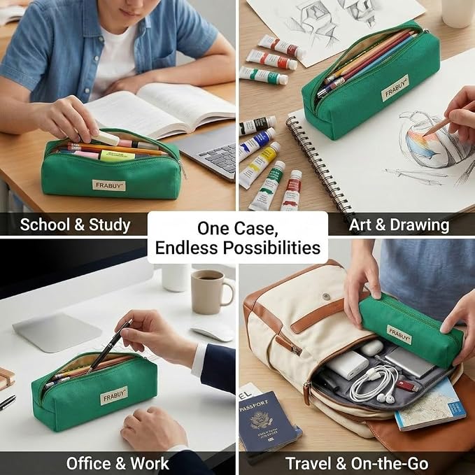 Cotton Canvas Pencil Case & Pen Pouch - Small Stationery Bag Green | Thick canvas pouch organizer with smooth alloy zipper. Cute cosmetics make up holder for school girls and boys.