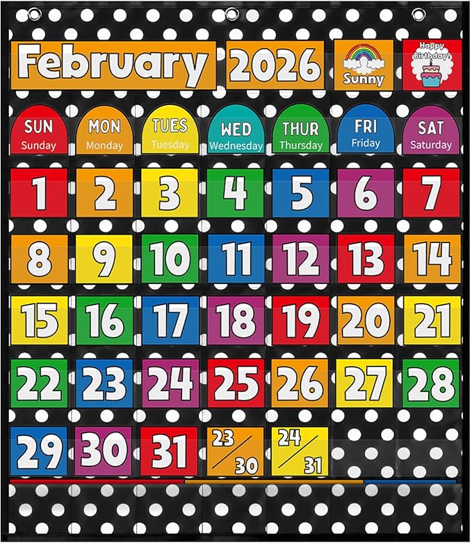 Gueevin 124 Pcs Classroom Calendar Bulletin Board Set Black and White Polka Dots Seasons Weather Calendar Chart Bulletin Board Display with Cards Festival Pocket Chart for Learning Decoration