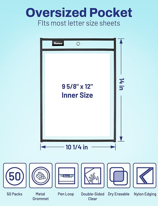SUNEE 50 Packs Oversized Reusable Dry Erase Pocket Sleeves with 3 Rings, Black 10x14 Ticket Holders, Clear Plastic Sheet Protectors, Teacher School Classroom Supplies