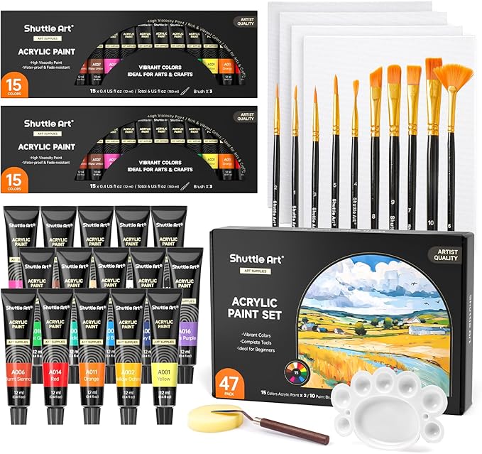 47 Pack Acrylic Paint Set, Shuttle Art 15 Colours (12ml Each, 2Pack) Acrylic Paint with 10 Brushes Painting Canvas Knife Palette Sponge, Complete Gift Set for Kids, Adults Painting Canvas, Ceramic