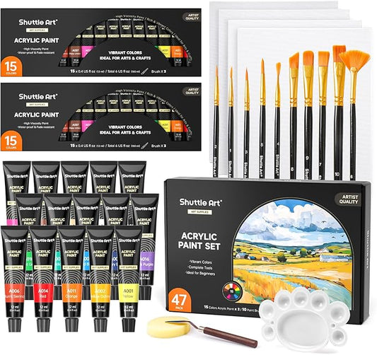 47 Pack Acrylic Paint Set, Shuttle Art 15 Colours (12ml Each, 2Pack) Acrylic Paint with 10 Brushes Painting Canvas Knife Palette Sponge, Complete Gift Set for Kids, Adults Painting Canvas, Ceramic