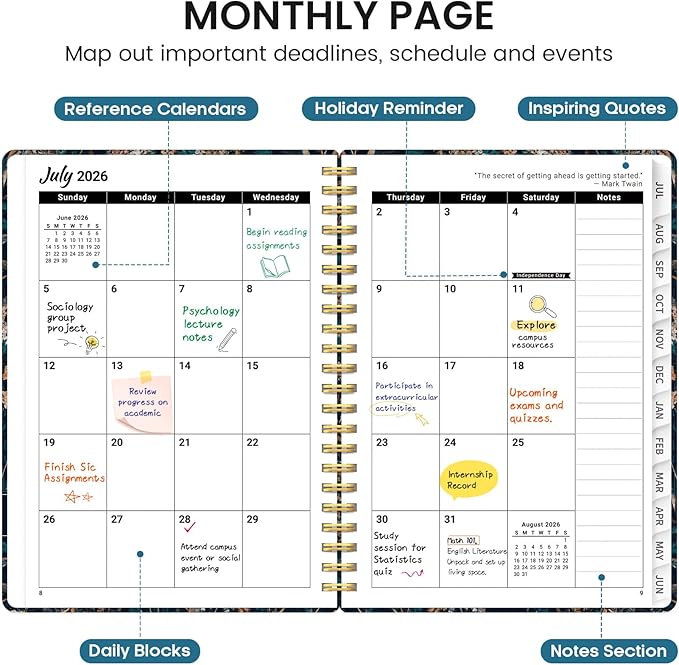 Planner 2026-2027, Academic Monthly and Weekly Calendar Planner for Women, July 2026 - June 2027, Hardcover Pretty Agenda Planner Book with Tabs, Spiral Daily Organizer for School Office Home Supplies, 6.3" x 8.5" - Royal Flowers
