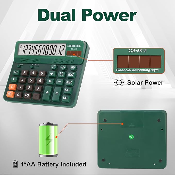 Pendancy Desk Calculator Large Display, 5in LCD 12-Digit, Large Button Calculators Desktop for Accounting, Battery Solar Powered, Rounding Mode & Decimal Places, for Office Business & Home(OS-6815)