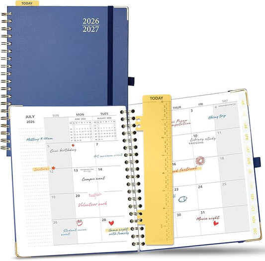 POPRUN 2026-2027 Monthly Planner, 18 Month Calendar (July 2026-Dec 2027), 7.5" x 9.5" B5 Spiral Hardcover Organizer with Dotted Note Pages, Professional Appointment Book for Business Office, Students & Teachers - Navy Blue