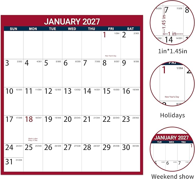 2027 Dry Erase Calendar for Wall - Dry Erase Wall Calendar 2027, Jan. 2027 - Dec. 2027, 34.6" x 22.9", Yearly Wall Calendar 2027, Wet & Dry Erase Laminated, Vertical/Horizontal, Reversible - Red