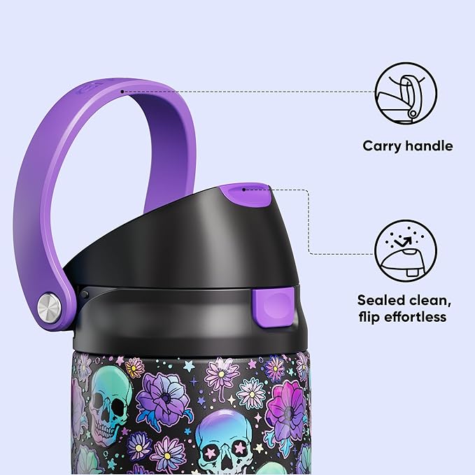 Encool SwiftSip Insulated Stainless Steel Water Bottle with Straw - Leak Proof Sports Water Bottle for School, Travel, Keeps Cold All Day, One-Touch Flip Lid, BPA-Free, 24 oz, Floral Afterlife