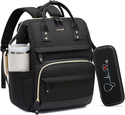 LOVEVOOK Nurse Backpack with Stethoscope Case, Wide Open Steel Frame Work Bag for Women, 15.6 Inch Laptop Compartment, Accessories Organizer for Nursing Student Clinical Essentials