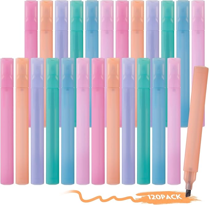 Marspark 120 Pcs Highlighters Bulk Chisel Tip Aesthetic 6 Assorted Colors No Bleed Cute Soft Macaron Colors Marker Pens for Journal Planner Notes School Study Office Supplies (Macaron)