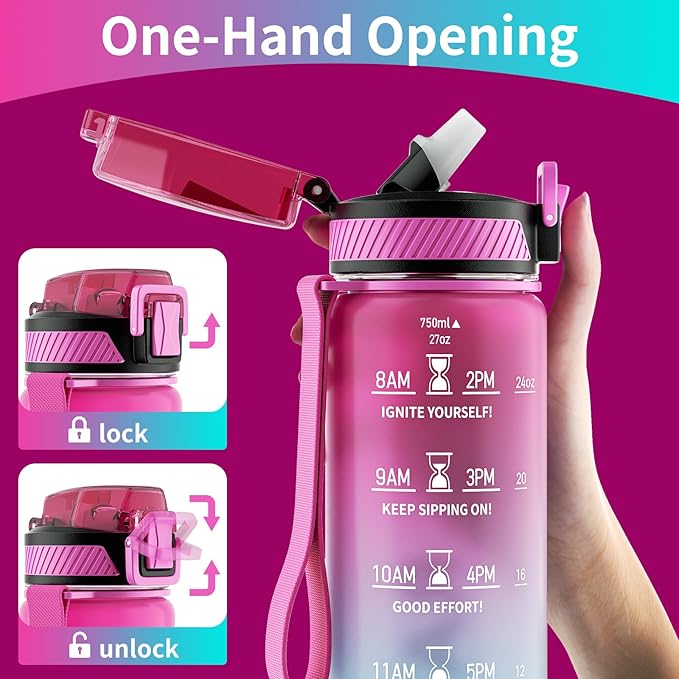 QLUR Water Bottle with Straw, 27oz Motivational Water Bottles with Time Marker to Drink, Tritan BPA Free, 750ml Sports Water Bottle with Carry Strap LeakProof for School Fitness Outdoor (1Pack)
