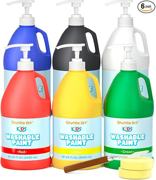 Shuttle Art 6 Colors Washable Paint for Kids, 69 oz Bulk Tempera Paint with Pump, Non-Toxic Kids Washable Paint for Art and Crafts, School & Home Must Haves