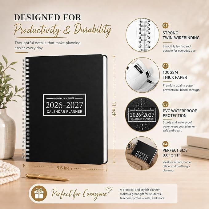 Monthly Planner 2026-2027, 2026 Calendar 24 Months Planner, Jan 2026 - Dec 2027, 8.6" x 11", Academic Calendar Hard PVC Cover with Spiral Bound, Perfect for School & Office for Women & Men