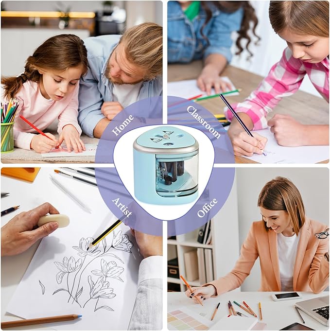 AUAUY Electric Pencil Sharpener with Double Hole, Battery Operated Automatic Sharpener with 2 Extra Knife Holders, for 6-8mm/9-12mm Standard Pencils, Colored Pencils, and Makeup Pencils（Blue）