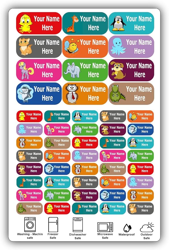 Personalized Labels - Cute Animal Designs. 52 Custom Stickers for School, Daycare and Camp. Waterproof Name Labels Dishwasher and Microwave Safe, Machine Washable. (Cute Animals)