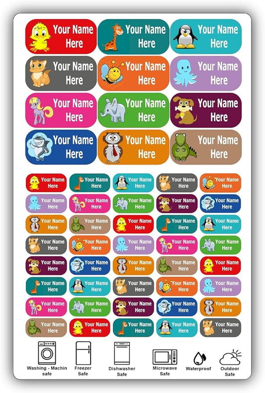 Personalized Labels - Cute Animal Designs. 52 Custom Stickers for School, Daycare and Camp. Waterproof Name Labels Dishwasher and Microwave Safe, Machine Washable. (Cute Animals)