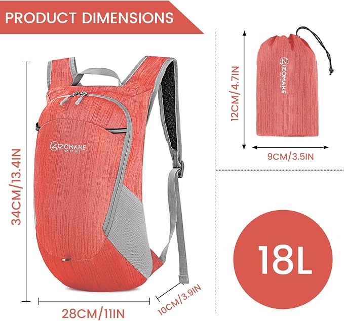 ZOMAKE Lightweight Packable Backpack, 18L Small Foldable Daypack for Hiking | Water Resistant Collapsible Backpacks for Women Men, Everyday Carry, Multi Compartment Storage, Adjustable Strap(Red)