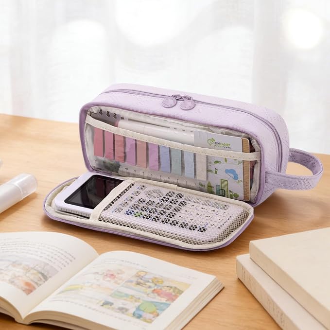 EASTHILL Large Capacity Pencil Case Cute Pencil Pouch with Handle Stationery Pen Bag for Teen Girls-Purple