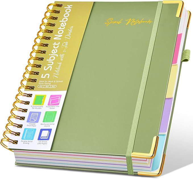 Hardcover Spiral Notebooks for Work, 5 Subject Notebook College Ruled with Dividers Tabs, Lined Organizer Notebook Journal for Women, 240 Pages Small A5 Notebooks for School Note Taking, 5x7 Green