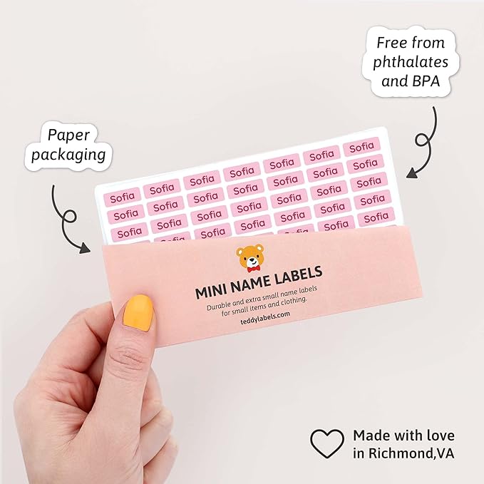 Mini Name Labels (175) - Custom Personalized Name Labels for Labeling Tiny Items, Washer and Dryer-Safe Waterproof Labels for Daycare, Preschool, and School - Hot Pink