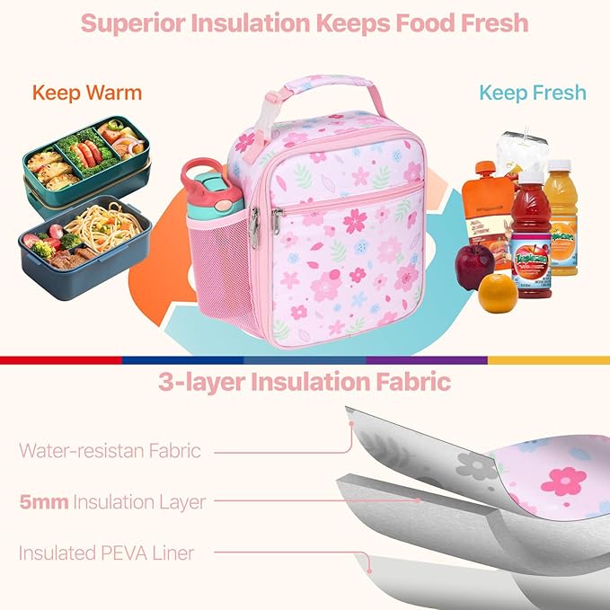 Bagseri Kids Lunch Box for Girls - Insulated Toddler Lunch Bag Fits Bento Box, Reusable Daycare Cooler Tote with Clip Handle, Water-Resistant Lining, Pink Floral