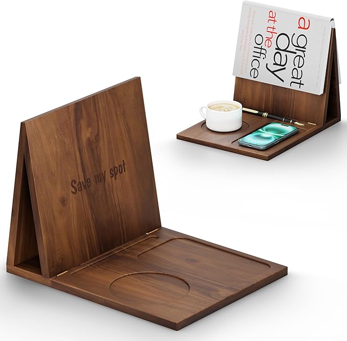 Triangle Book Holder, Book Rest, Acacia Foldable Book Nook Reading Valet, Triangle Book Stand with Cup, Pen, Glasses and Phone Holder for Bedroom, Nightstand or Office, Gifts for Book Lover (Walnut)