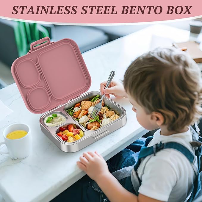 Stainless Steel Lunch Box, Leak-Proof with free sealing Bento Box 3 Compartments, Metal Lunchbox for Travel & Work, Eco-Friendly Meal Storage Solution Pink
