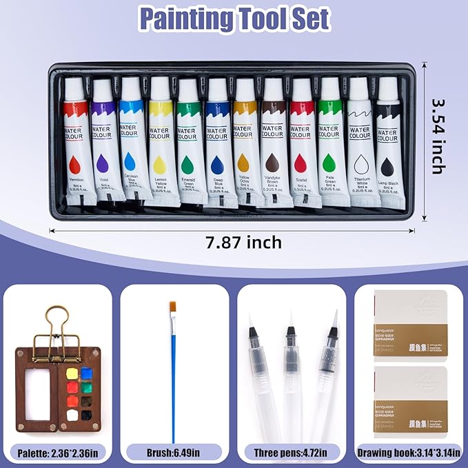 Mini Watercolor Set - 4 Brush, 2 Sketchbook & Portable Watercolor Kit for Travel, Pocket Painting Kit - Compact Design for Artists and Creative Sketching