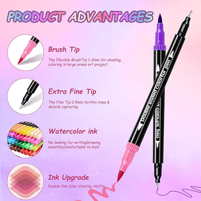 48 Colors Dual Markers Brush Pens, Art Markers Colored Pens for Adult Coloring Books, Brush and Fine Point Dual Tip Artist Colored Marker Set