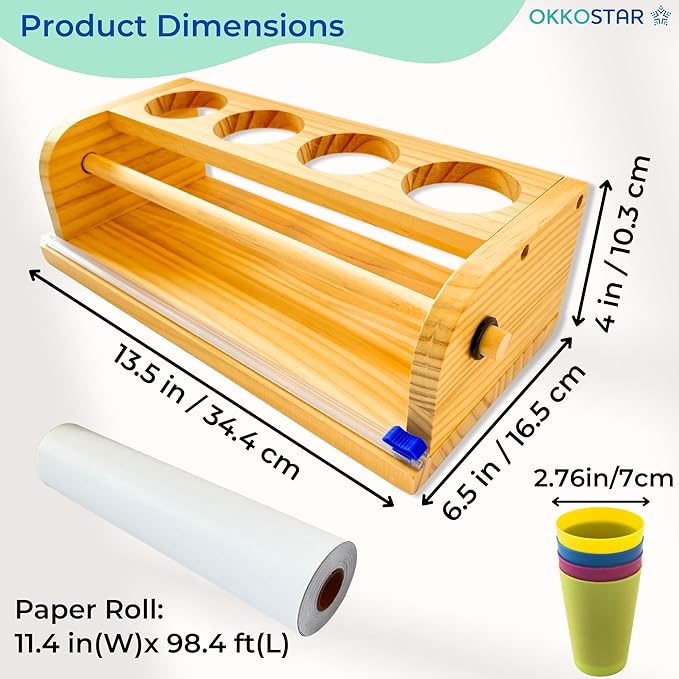 Wooden Tabletop Paper Roll Dispenser with Safety Sliding Cutter - Kids Art Easel with Roll of Paper (11.4”x 98.4ft)- Pencil Cups and Drawing Kit 30 Piece Set (Safety Sliding Cutter)