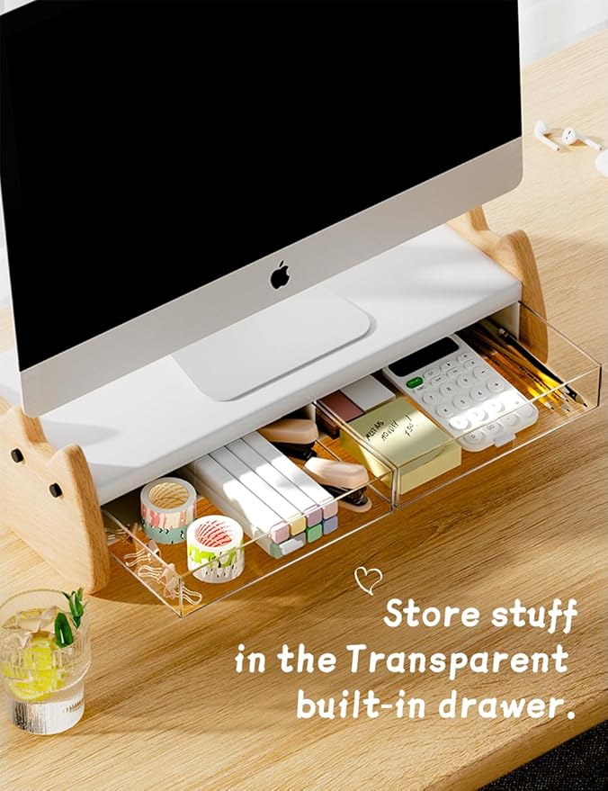 AFOOYO Monitor Stand Riser,Wooden & MDF Computer Desktop Stand with Acrylic Drawer,Laptop Stand Riser Holder ,Table Holder Desk Organizer Storage Stand for Laptop,Printer,TV,15.7 inch,Cute Cat