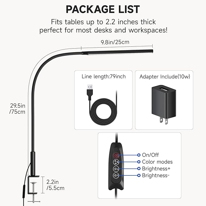 LED Desk Lamp with Clamp, Eye Caring Clip Light for Home Office, 3 Colors Stepless Dimming, Flexible Gooseneck Table Lamp with USB Adapter for Nail Reading Working Workbench Drawing Gaming (Black Pro)