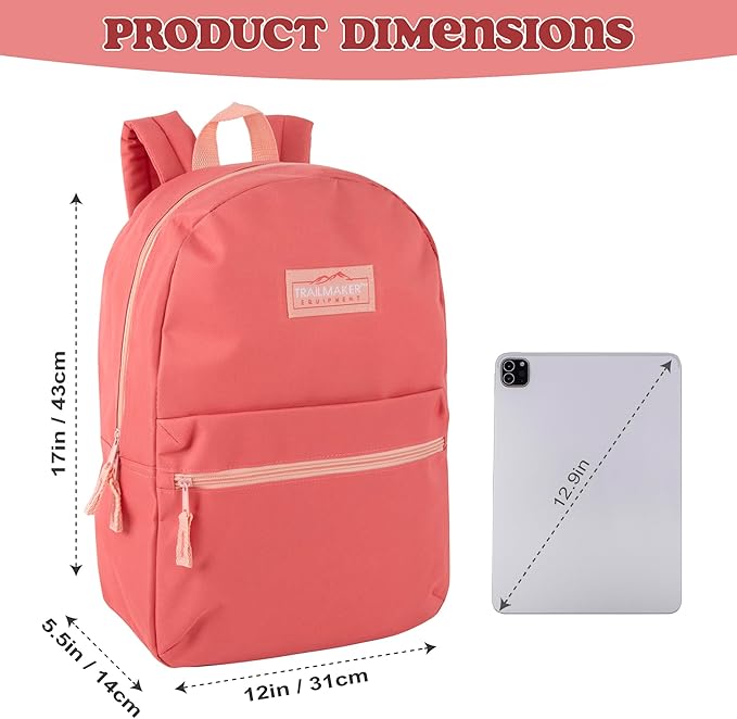 Trail maker Classic 17 inch Backpacks with Adjustable Padded Straps | School Backpacks for Girls, Boys (Coral)