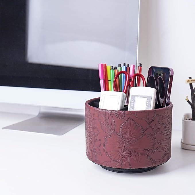Round Leather Art Supply Organizer,Remote Control Holder,360 Degree Spinning,Multi-Functional Pencil Holder,4 Compartments Desktop Stationary Organizer(1-Carved Dark Brown)