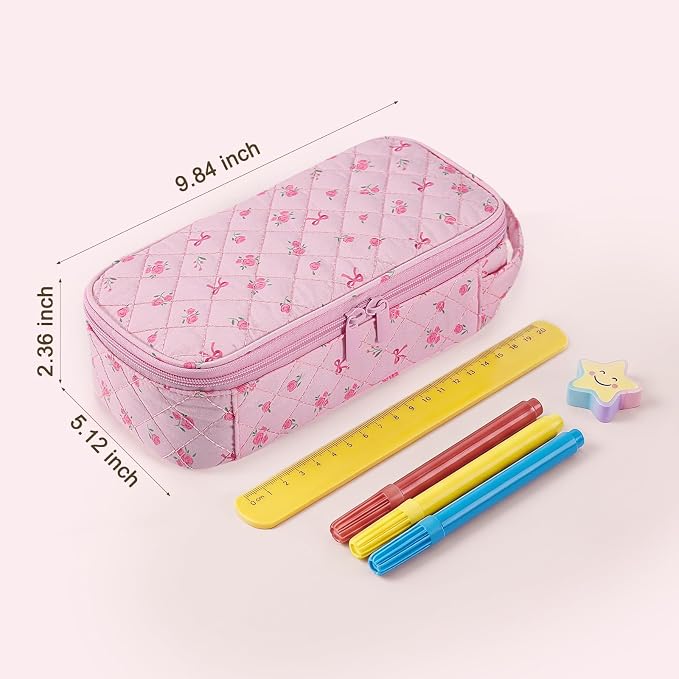 Cute Floral Quilted Pencil Case for Girls, Large Aesthetic Pen Pouch with Handle, Multi Compartment Stationery Organizer, Portable Travel Cosmetic Makeup Bag Back to School