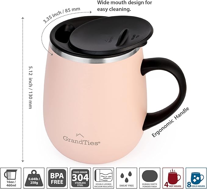 GRANDTIES Insulated Coffee Mug with Handle - Sliding Lid for Splash-Proof 16 oz Wine-Glass Shape Thermal Tumbler with Double Walled Vacuum Stainless Steel to Keeps Beverages Hot or Cold (Peach Crème)