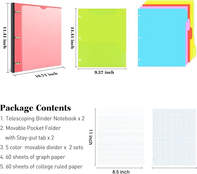 INFUN All-in-one Telescoping Binder Notebook- 2PCS, 3 Ring Notebook Binder with 1 Plastic Movable Pocket Folder,5 Plastic Subject dividers and Graph Paper and College Ruled Paper - Red